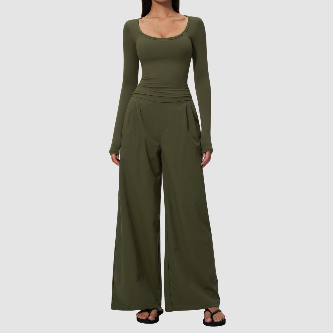 Wholesale Women's Brushed V-Neck Long Sleeve Top & Wide-Leg Pants Yoga Set