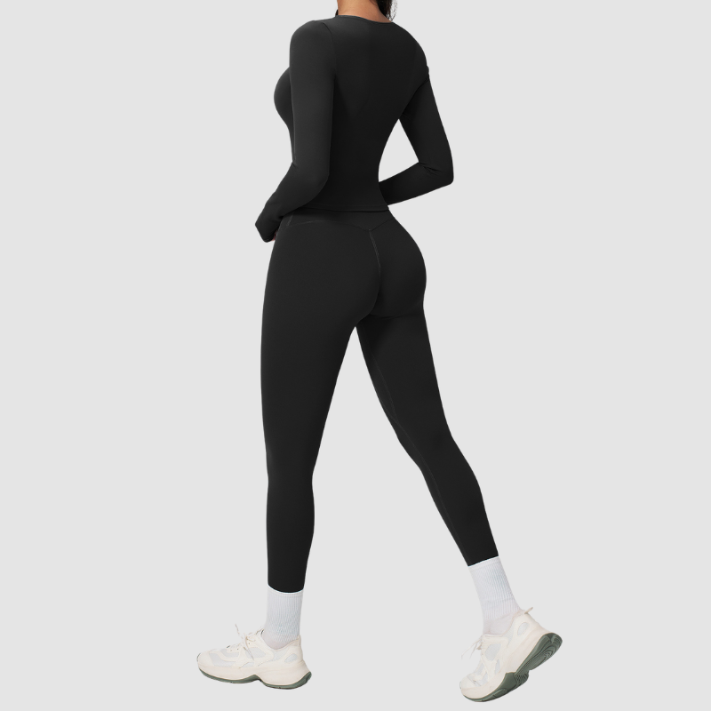 Wholesale Seam-Detail Long-Sleeve Crop Top & High-Waist Leggings Set – Brushed Yoga 2-Piece