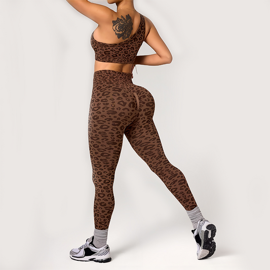 Wholesale Women's Leopard Print Yoga Set – One-Shoulder Bra & High-Waist Leggings