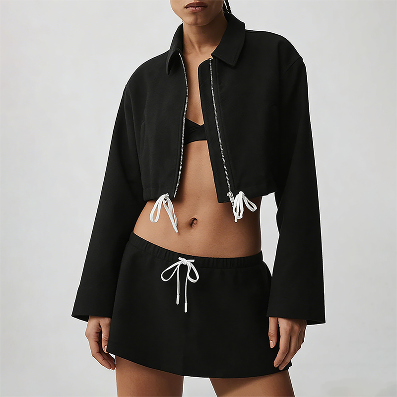 Wholesale Cotton-Blend Drawstring Zip Jacket & Mini Skirt Set – 2-Piece Casual Sports Matching Set