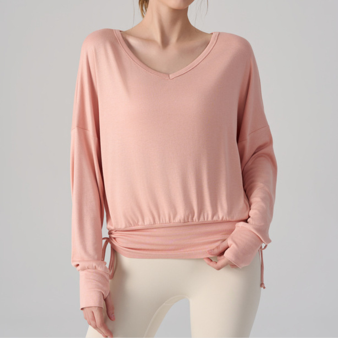 Wholesale V-Neck Batwing Sleeve Yoga Cover-up – Loose Drawstring T-Shirt