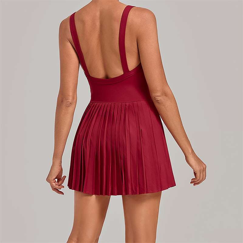 Wholesale Women's Fake Two-Piece Tennis Dress – Anti-Exposure Pleated Yoga Skirt w/ Built-in Shorts