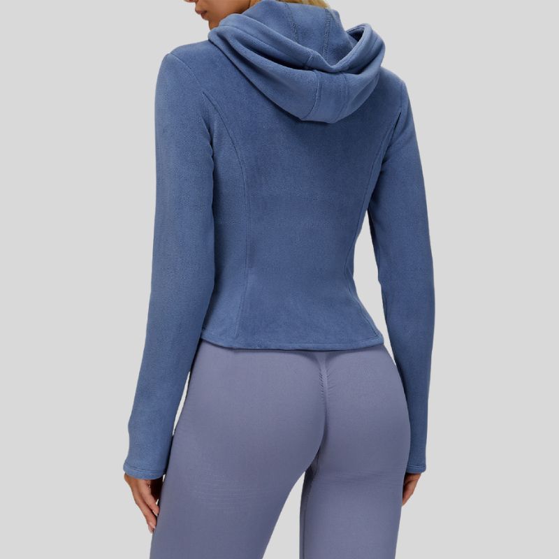 Fleece-lined hooded jacket with zipper.