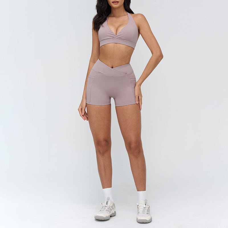 Halterneck backless bra + side pocket design shorts 2-piece set