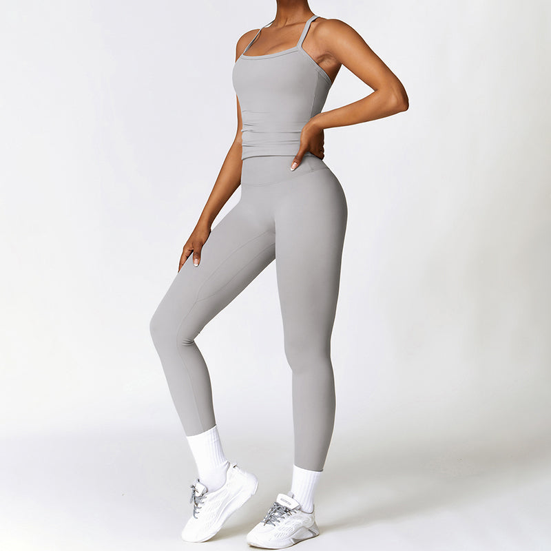 Tapa del tanque de yoga de cruz cepillado + Leggings de cintura alta de 2 piezas