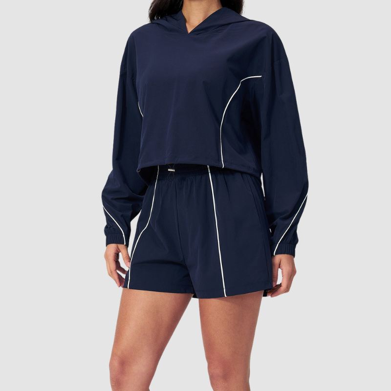 Wholesale Women's UPF50+ Sun Protection Hoodie Jacket + Shorts Set – Colorblock Outdoor Running Sportswear