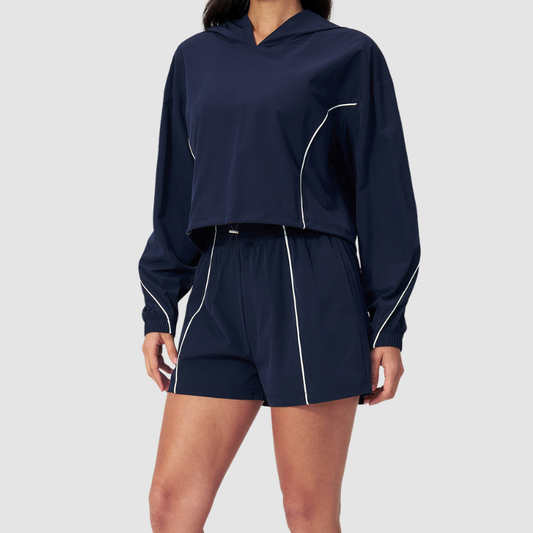 Wholesale Women's UPF50+ Sun Protection Hoodie Jacket + Shorts Set – Colorblock Outdoor Running Sportswear