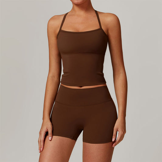 Tapa del tanque de yoga de cruz cepillado + pantalones cortos de cintura alta de 2 piezas