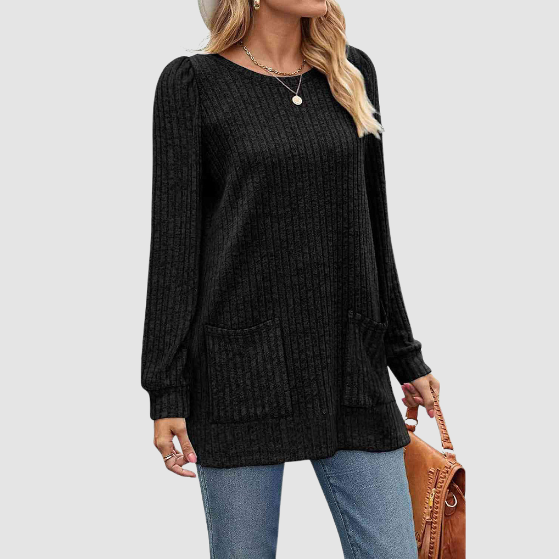 Wholesale Women’s Ribbed Pocket Tunic Sweater – Mid-Long Knit Pullover