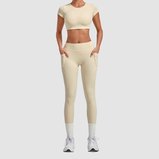 Wholesale Women's Naked-Feel Short Sleeve Crop Top + High-Waist Leggings Set – Moisture-Wicking Yoga Fitness Activewear