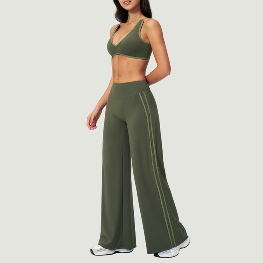 Nude-feel deep V bra + high waist + high-waisted color-blocked pants 2-piece set