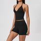 Wholesale Women's Halter Neck Yoga Set – Deep V-Neck Bra & High-Waist Shorts