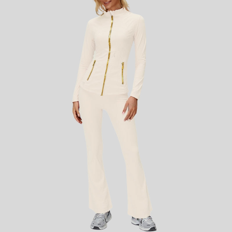 High-Waist Flare Legging with Stand Collar Jacket Set