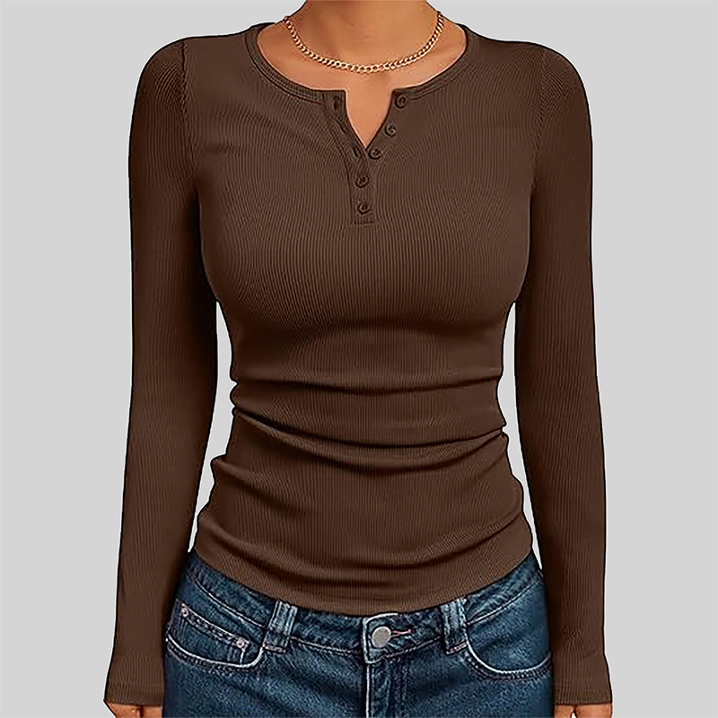 Wholesale Women's Button V-Neck Long Sleeve Ribbed Knit Top