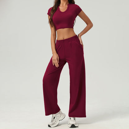Top de yoga sportif à manches courtes à sec rapide + pantalon de jambe droite lâche 2 pièces