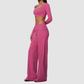 Wholesale Women's Brushed Yoga Set: Long-Sleeve Crop Top & Foldover Wide-Leg Pants