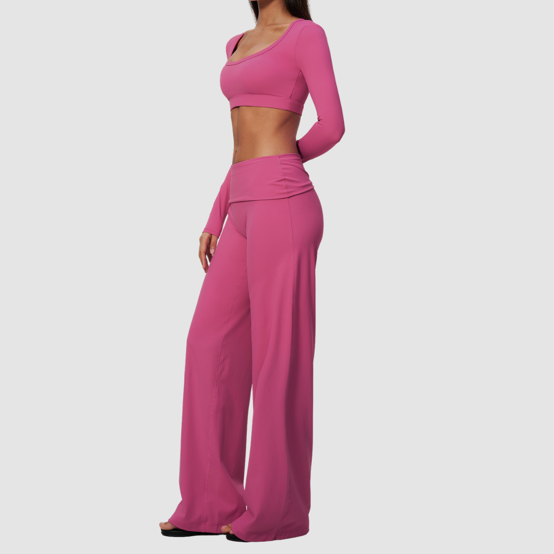 Wholesale Women's Brushed Yoga Set: Long-Sleeve Crop Top & Foldover Wide-Leg Pants