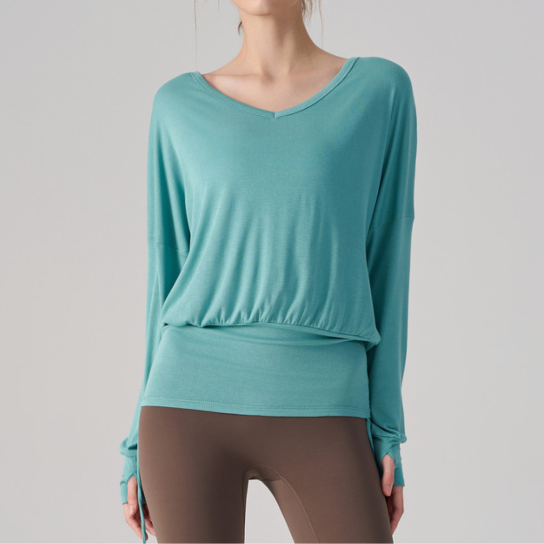 Wholesale V-Neck Batwing Sleeve Yoga Cover-up – Loose Drawstring T-Shirt