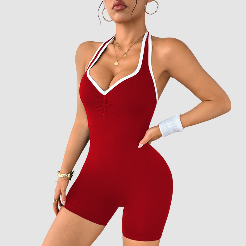 Wholesale Color-Block Halter Neck Backless Jumpsuit Shorts