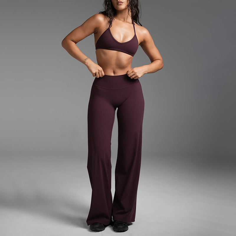 Halter-neck backless bra + loose wide-leg pants 2-piece set
