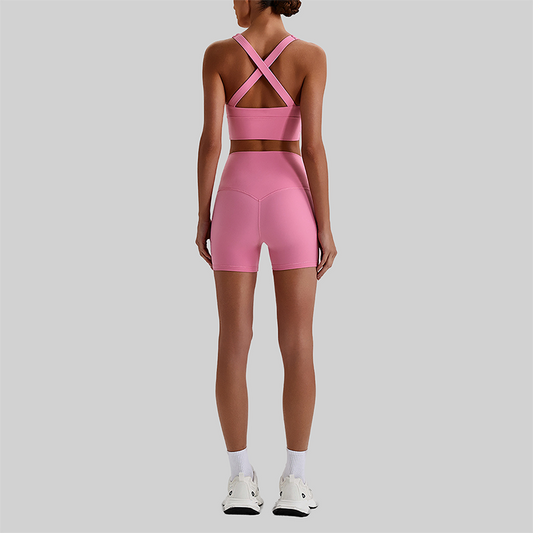 Wholesale Cross-Back Sports Bra & High-Waist Biker Shorts Set – Naked-Feel Quick-Dry Yoga 2-Piece