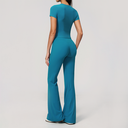 Wholesale Women's Buttery Soft Short Sleeve Crop Top & Flare Pants Yoga Set
