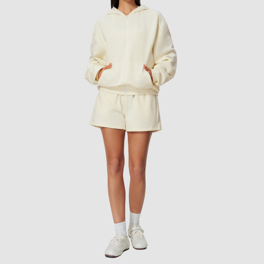 Wholesale Women's Warm Fleece-Lined Zip Up Hoodie & Sweat Shorts Set