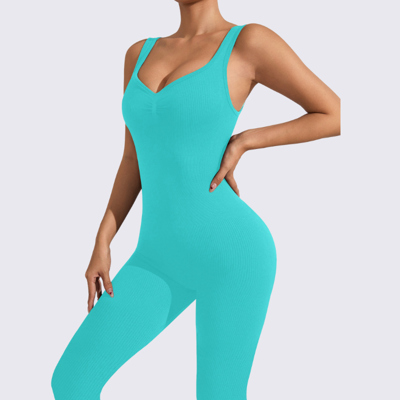 V-neck backless ribbed wide leg double strap yoga jumpsuit