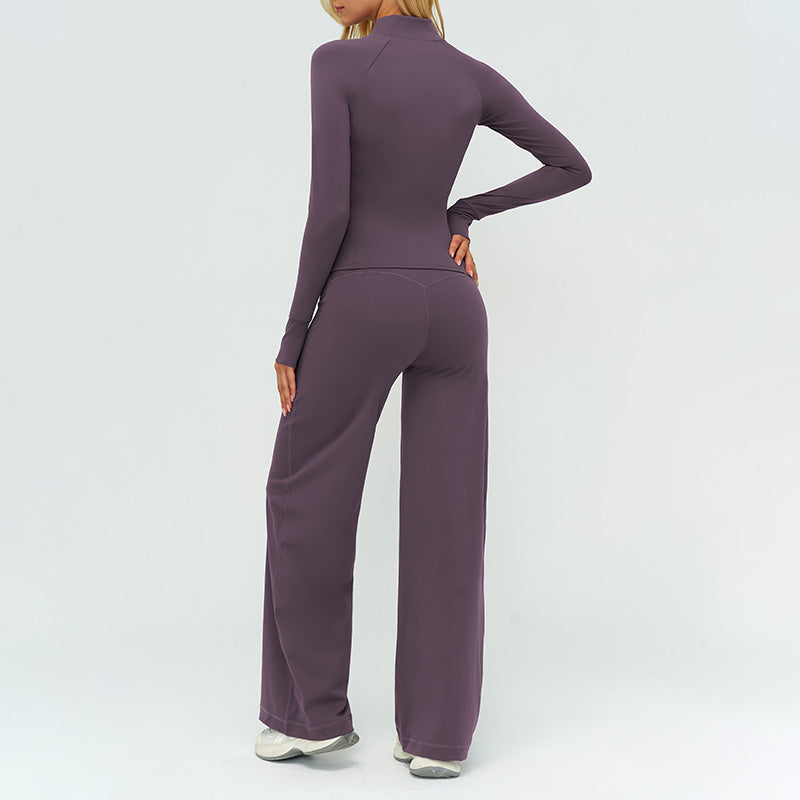 Stand collar zipper jacket +V-neck backless tank top + high-waisted loose wide-leg pants 3-piece set