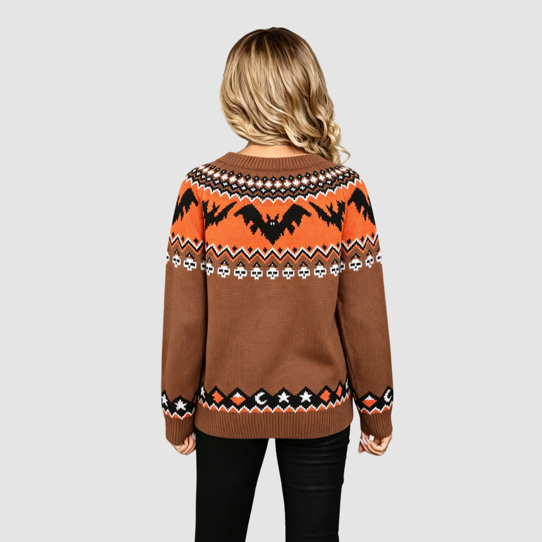 Wholesale Women's Halloween Witch Bat Jacquard Knit Sweater – Round-Neck Raglan Pullover