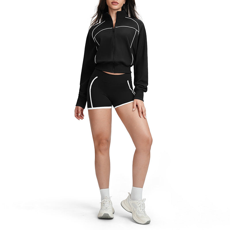 Color-blocked loose-fitting jacket + high-waisted shorts 2-piece set