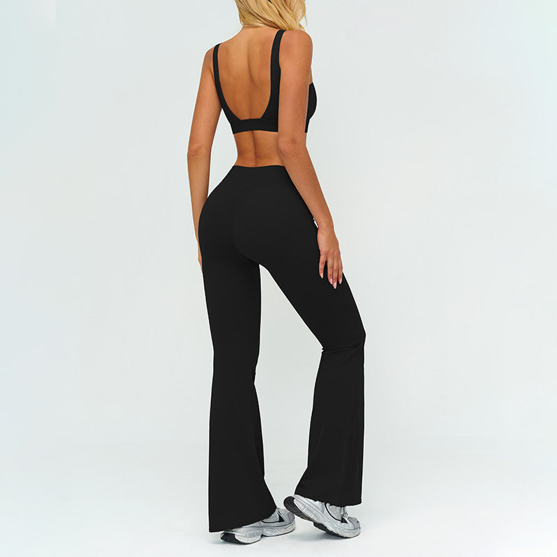Square neckline backless sports bra+High-waisted flared pants 2-piece set