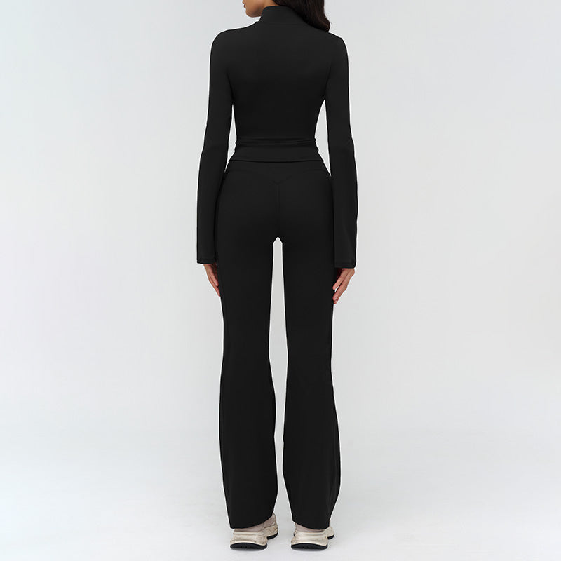Stand-up collar yoga jacket + nude high-waisted flared pants 2-piece set
