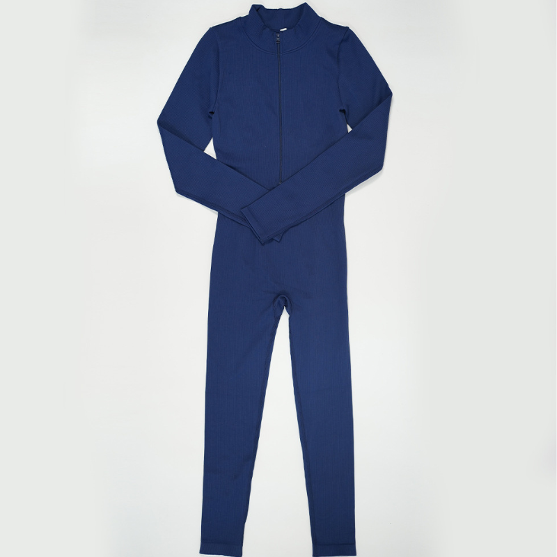 Open-collar zip-up long-sleeve jumpsuit