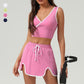 V-neck Sports Crop Top + Color-Blocked Skirt 2-Piece Set