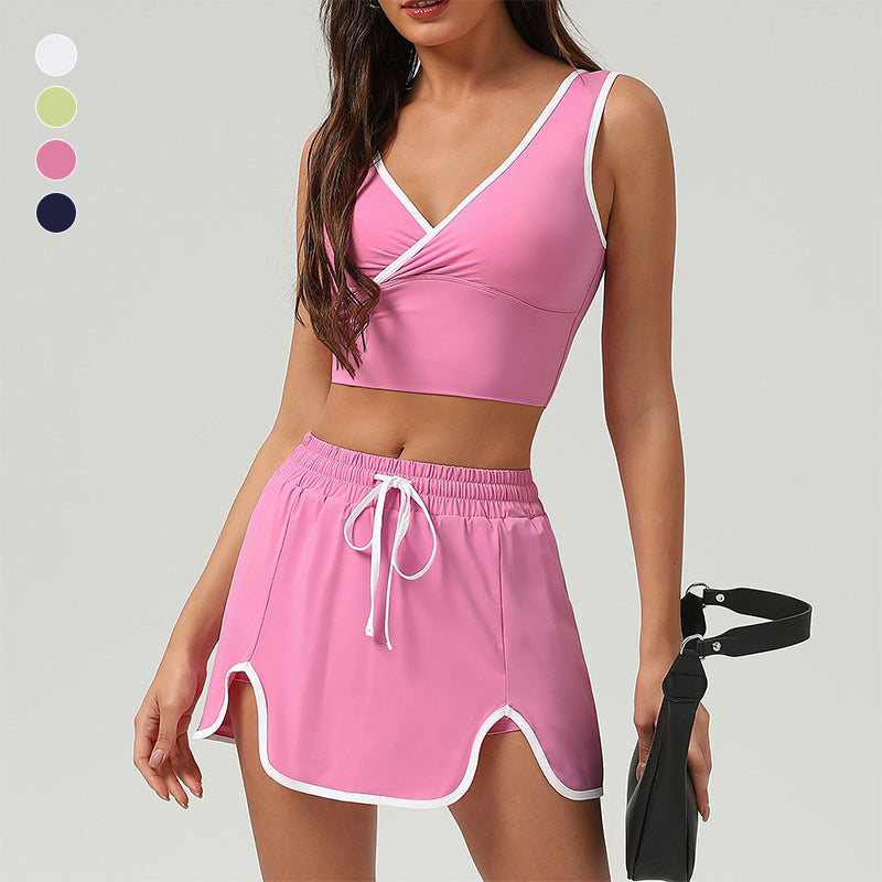 V-neck Sports Crop Top + Color-Blocked Skirt 2-Piece Set