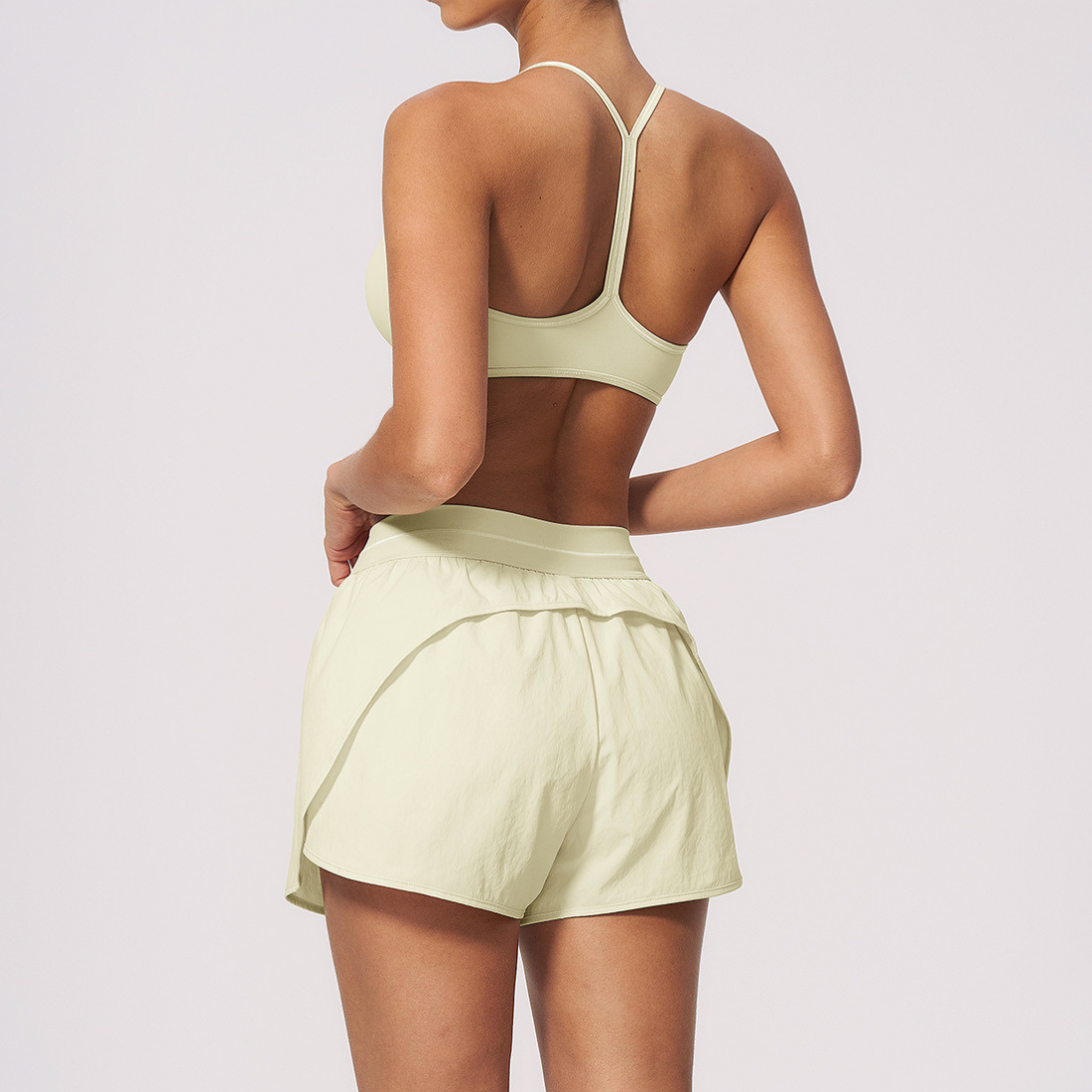 Wholesale Women's Brushed Yoga Set: V-Neck Strappy Bra & Shorts – Colorblock Tummy Control