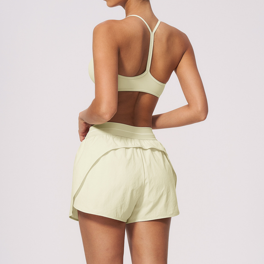 Wholesale Women's Brushed Yoga Set: V-Neck Strappy Bra & Shorts – Colorblock Tummy Control