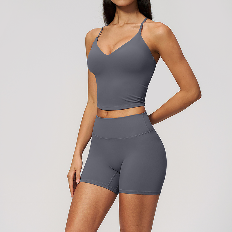 Wholesale Women's Cross-Back High Waist Yoga Set Sports Bra & Shorts with Chest Pad