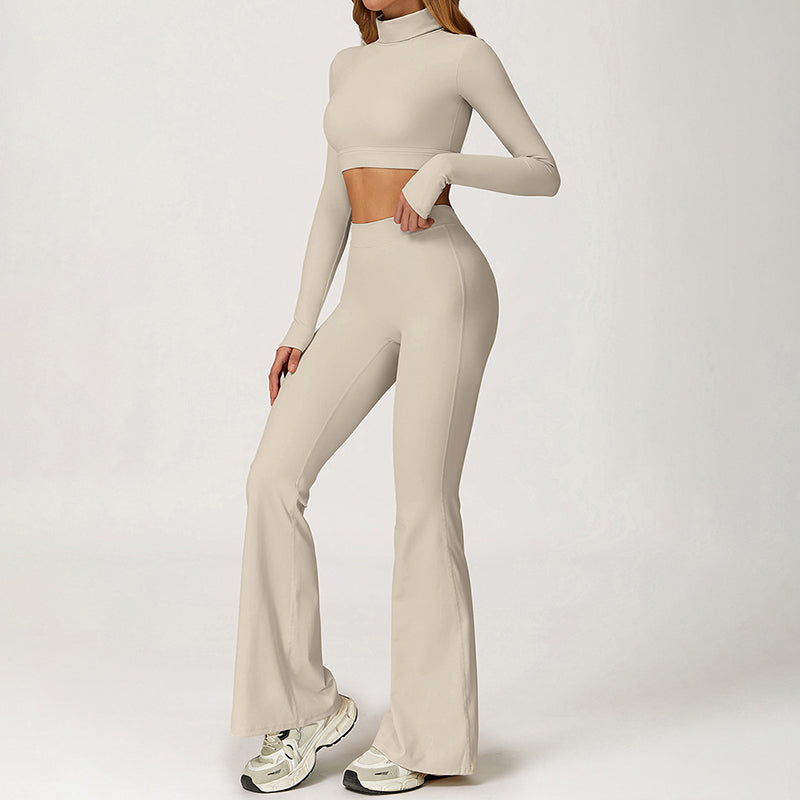 High-Neck Cropped Long Sleeve + Flared Leg Pants 2-Piece Set